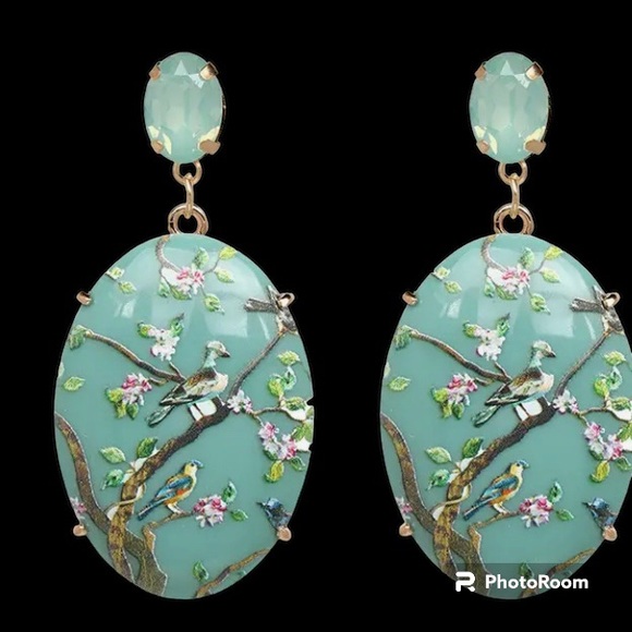 ASIAN TURQUOISE DROP EARRINGS WITH PAINTED BIRD AND FLOWER THEME - Picture 6 of 6